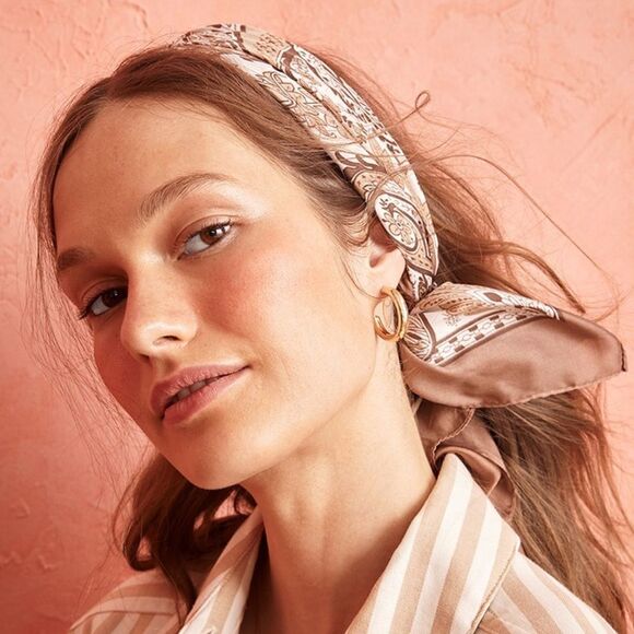 francesca’s Rita Paisley Print Square Scarf in White Ivory Tan - Picture 1 of 7
